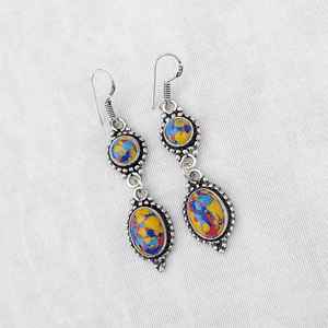 Boucles d'oreilles pendantes en mosaïque de jaspe multi-pierres, plaquées argent 925, faites à la main, bijoux bohèmes, boucles d'oreilles en pierres précieuses, cadeau - Product Image 2