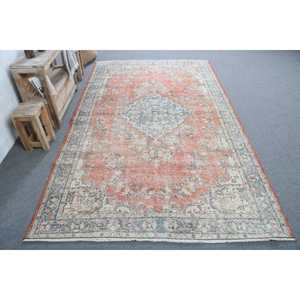 Tapis turc vintage 5,3x9 pieds, grand tapis, tapis en laine camouflage orange et bleu - Product Image 1