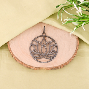 Colgante de Loto para Mujer, Plata de Ley 925, Bañado en Rodio Negro, Pavé de Diamantes Naturales, Estilo Vintage, Tamaño 45 mm - Product Image 1
