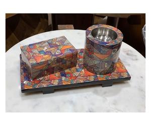 Artisanat de qualité, plateau de service à dessert en bois d'acacia brun avec incrustation de nacre, ensemble de 3 pièces, pot en acrylique, 35x35x1,5 cm, certifié EPCH - Product Image 2