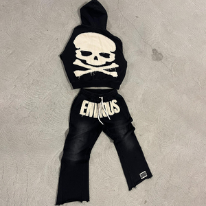 Custom French Terry Sweatsuit Jogger Sets Tracksuit Distressed Patch <b>Applique</b> Embroidery Flared Hoodie and Sweatpants Set - Product Image 3