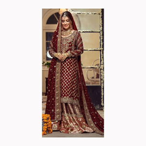 Tenue de soirée de style pakistanais de créateur Sharara Gharara Robe de travail à broderie lourde Dupatta Salwar Kameez en soie et coton bas - Product Image 4