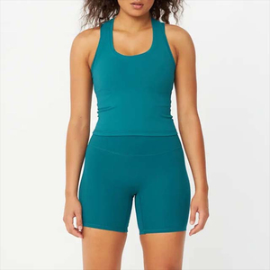 Sujetador de Yoga personalizado para mujer, conjunto de pantalones cortos de cintura alta, 100% de algodón, Color sólido, de talla grande, traje deportivo de 2 piezas transpirable - Product Image 6