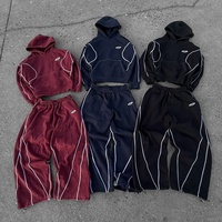 Setelan Hoodie dan Jogger Tracksuit Oversize Model Boxy Jahitan Flatlock Kontras Berat, Custom OEM, untuk Pria