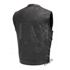 Wholesale Men's Motorcycle Club Leather <b>Vest</b> Solid <b>Black</b> For Custom Patches Design Your Own Men Leather <b>Vest</b> - Product Image 5