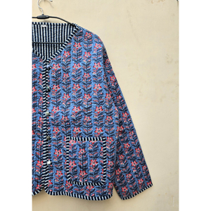 Chaqueta corta de invierno de algodón con estampado de bloque de mano Vintage indio para mujer, prendas de vestir hechas a mano acolchadas, detalle de remache a rayas cómodo - Product Image 3