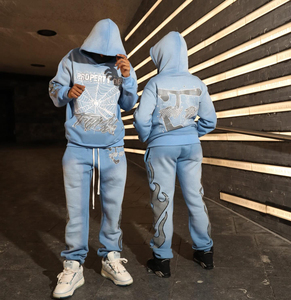 Survêtement à capuche personnalisé à impression DTG pour hommes, sweat-shirt et pantalon évasé, ensemble 2 pièces décontracté, tenue de rue - Product Image 6