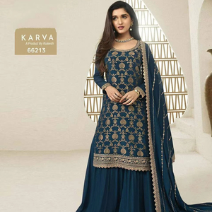 Elegante traje de seda Blooming Chinon Gharara con Palazzo completamente cosido y Dupatta bordado de secuencia para cada ocasión - Product Image 1