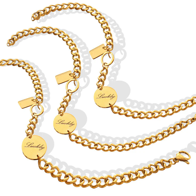Waterproof Stainless Steel 18k Gold Plated Cuban Link Chain Bracelet Disc Engraved Lucky Letter Bracelet Anklet for Lady Women