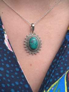 Mode 925 Sterling Silver Simple Collier pour Femmes Pendentif Collier Turquoise Gemme Ovale Coupe Lunette Ensemble Pendentif Colliers - Product Image 3