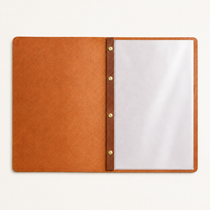 Protège-menu en cuir PU avec anneaux métalliques pour restaurants et hôtels – Couleurs et tailles personnalisables, capacité multi-pages, rivets en laiton - Product Image 1