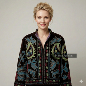 Veste Suzani en velours de coton tricoté à la main |   Manteau d'automne/hiver bohème pour femmes |   Broderie à motifs floraux écologiques - Product Image 6