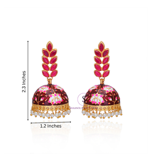 Nouveauté : Jhumkas indiens Rajasthani Meenakari à motif floral en forme de feuille, avec travail de perles, pour femmes et filles, pour mariage. - Product Image 6