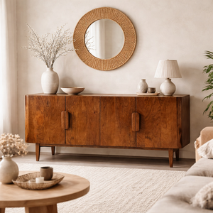 Solid Mango Wood <b>Sideboard</b> Brown | Japandi Minimalist Living Room <b>Storage</b> Cabinet | Natural Wood Furniture - Product Image 2