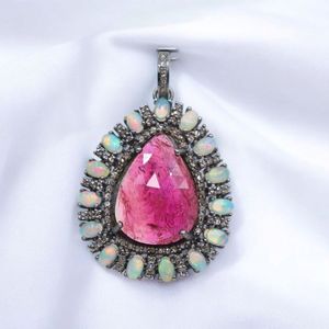 925 plata esterlina Natural turmalina Rosa rebanada facetada corte piedra colgante ópalo etíope colgante diamante colgante - Product Image 1