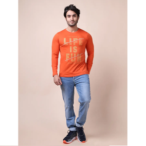 T-shirt 100% coton de haute qualité Orange avec manches longues et col rond Impression à la mode confortable Vêtements décontractés polyvalents - Product Image 1