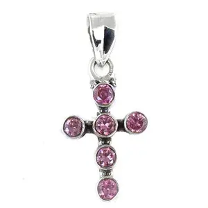 Colgante de Cruz con Gema Rosa Chapado en Rodio de Plata de Ley 925 para Mujer - Product Image 3