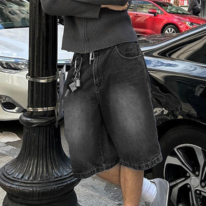 Custom <b>Men's</b> Summer Oversize Cotton 3D Denim Jorts Vintage Wash Distressed Embroidery Mid Waist Baggy Style <b>Knee</b>-<b>Length</b> <b>Shorts</b> - Product Image 3