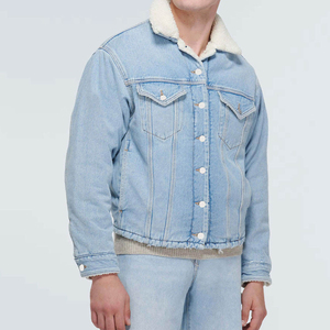 Wholesale Customized Winter Collection Coated <b>Stand</b> Collar Breathable Men's Denim Jacket with Faux Fur Lining Blue Color - Product Image 2