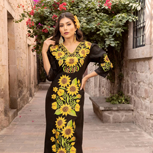 Ropa de mujer Arte popular mexicano Bordado Estilo Vector Patrón con flores Vestido bordado Vestido largo tradicional de girasol - Product Image 1