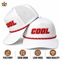 Casquette de baseball 5 panneaux en polyester personnalisée avec patch brodé, imperméable, séchage rapide, perforée, avec cordon, pour le golf, vente en gros OEM
