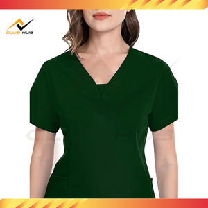 Vente en gros Ensemble de costumes d'hôpital modernes pour femmes avec logo personnalisé Haut à col en V et pantalon de jogging à jambe fuselée en tissu tissé - Product Image 4