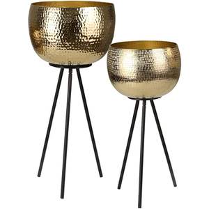 Ensemble de supports de jardinière en métal doré martelé de luxe, pot de fleurs moderne pour l'intérieur, sur pied, avec pieds trépieds noirs pour la décoration de la maison, de l'hôtel, des mariages - Product Image 1