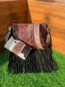 Véritable sac à main Western fabriqué à la main en cuir de vachette usiné pour femmes sac de soirée élégant et pochette en fourrure usinée ensemble combiné Unique - Product Image 4