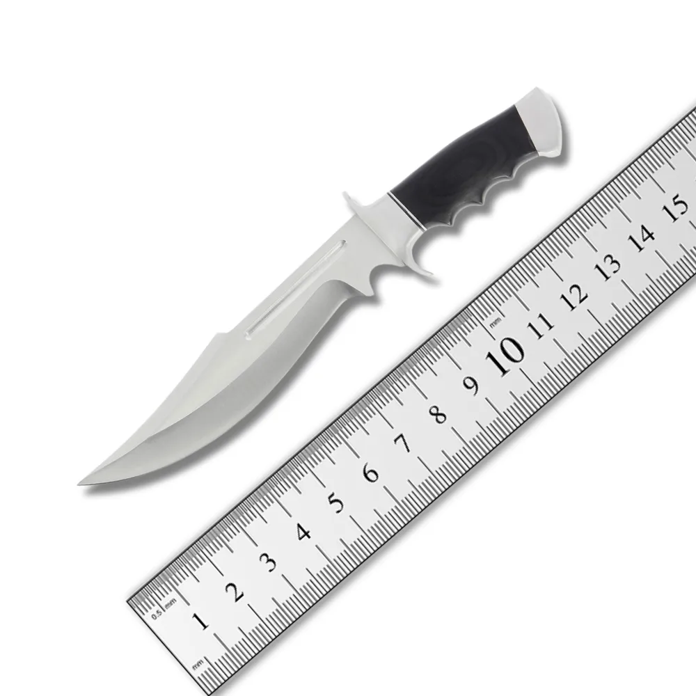 Cuchillo Bowie de caza de alta calidad, hoja de acero D2, mango de madera Pakka con Funda de cuero