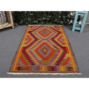 พรมคิลิมขนาด 2.3x3.7 ฟุต พรมตุรกีโบราณ พรมลายสัตว์สีแดงส้ม - Product Image 4