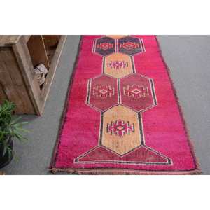 Alfombra turca Vintage Bohemia Rosa naranja 3,1x11,2 pies hecha a mano de lana Patchwork rectángulo diseño de pasillo para cabecera con respaldo de látex - Product Image 3