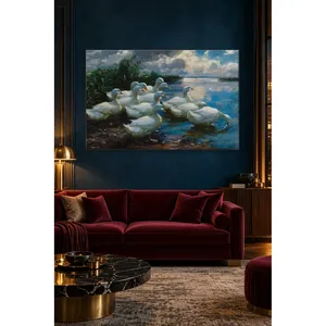 Impression sur toile classique de canards blancs Fida sur le rivage du lac - Product Image 1