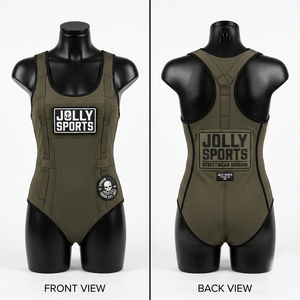 Traje de baño para mujer, 280 GSM, nailon y spandex premium, verde oliva, negro, panel en contraste, logotipo personalizado con parche de PVC. - Product Image 1