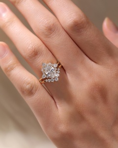 10x8mm corte ovalado diamante plata esterlina 18K chapado en oro nupcial conjunto Halo anillo de compromiso con banda a juego | Joyería de boda - Product Image 5