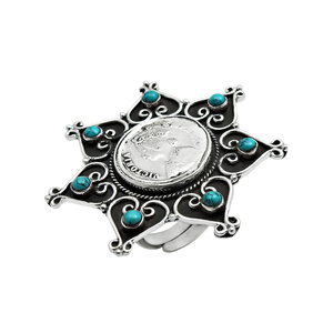 Bague de luxe en forme de fleur au design unique en argent sterling oxydé 925, pierre précieuse turquoise naturelle, bijoux bohèmes faits à la main en Inde - Product Image 2