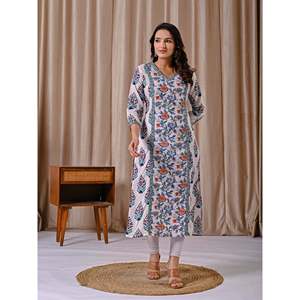 White Cotton Straight Fit Kurti Jaal <b>Block</b> <b>Printed</b> Indian Ethnic Wear for Girls Stitched Gown for Special Occasions - Product Image 5