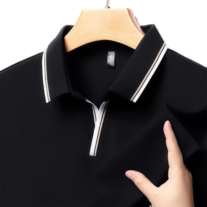 Polo en coton pour hommes à la mode-Slim Fit respirant popeline couleur unie décontracté vêtements d'été avec col tricoté à manches courtes - Product Image 2