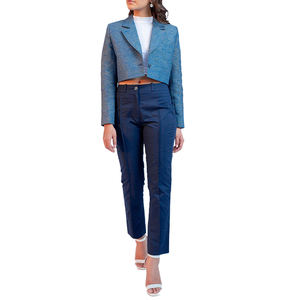 Blazer de Lana Azul para Mujer, Estilo Sororties, Antiarrugas, Cuello en V, Manga Larga, Botón Único, Tejido Sólido, Venta al Por Mayor - Product Image 6