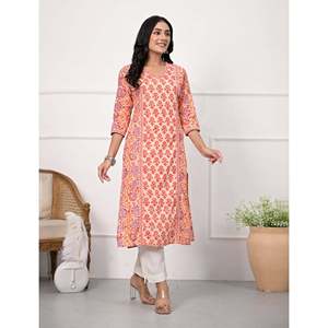 Pink Floral <b>Printed</b> Straight Kurti Butti <b>Block</b> Style Traditional Indian Ethnic Cotton Dress Rayon Daily Wear Party Ocasional Use - Product Image 4