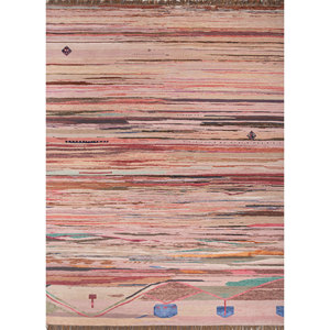 Tapis en laine et soie de bambou à motifs rayés Manchaha, noués à la main en rose et violet pour usage domestique - Les-1897 - Product Image 1
