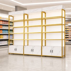 Custom <strong>Gold</strong> Metal Supermarket Display <strong>Shelving</strong> <strong>Unit</strong> with White Marble Finish and LED Lighting - 1 Piece MOQ - Product Image 2