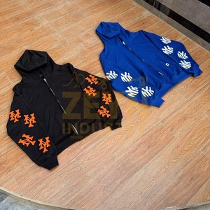 Nouveaux sweats à capuche pour hommes, automne, patchwork, imprimé graphique, logo personnalisé, fermeture éclair, 100% coton peigné, couleurs bleu/noir, manches et dos à patchs - Product Image 4