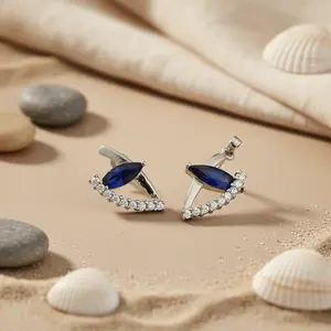 ชุดเครื่องประดับเจ้าสาวเงินประดับพลอยไพลิน ชุบทอง ต่างหูแบบติดหูและจี้ประดับเพชรซิคอนและมุก สำหรับงานแต่งงานหรืองานเลี้ยง - Product Image 3