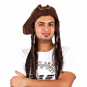 Parrucca da pirata con dreadlocks attaccati, cappello tricorno marrone scuro con bordo intrecciato dorato <span class=keywords><strong>per</strong></span> Halloween e Trick or Treat - Product Image 1
