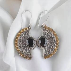 Handmade <b>Black</b> Onyx <b>Earrings</b> 925 Sterling Silver Two Tone Boho Gemstone Jewelry Gift <b>For</b> <b>Women</b> - Product Image 1