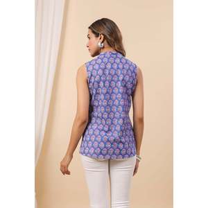 Indigo Blue Printed Sleeveless Crop <b>Top</b> by Mehr Laila-Breathable Rayon Knit <b>Square</b> <b>Neck</b> Casual Trendy Style - Product Image 3