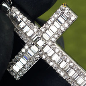 Shiny Round Brilliant and Baguette Cut Vvs Clarity Moissanite Diamond Iced Out Hip Hop 925 Sterling <b>Silver</b> <b>Cross</b> <b>Pendant</b> - Product Image 3
