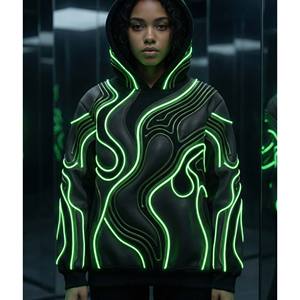 Sweat à capuche Cyberpunk d'hiver haut de gamme personnalisé, noir mat, coton lourd, Techwear, piping vert néon lumineux, broderie 3D sur le devant - Product Image 3