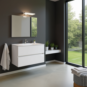 FSC MIX Glossy White LED Lamp Wall-Hung Base Unit <b>with</b> 2 <b>Drawers</b> 80 cm Ceramic Sink Flush <b>Mirror</b>-Complete Bathroom Set - Product Image 3