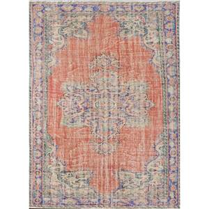 Tapis en laine vintage 9x12 noué à la main, motifs patchwork rectangulaires médaillon rouge-orange pour couloir, entrée et salon - Product Image 1